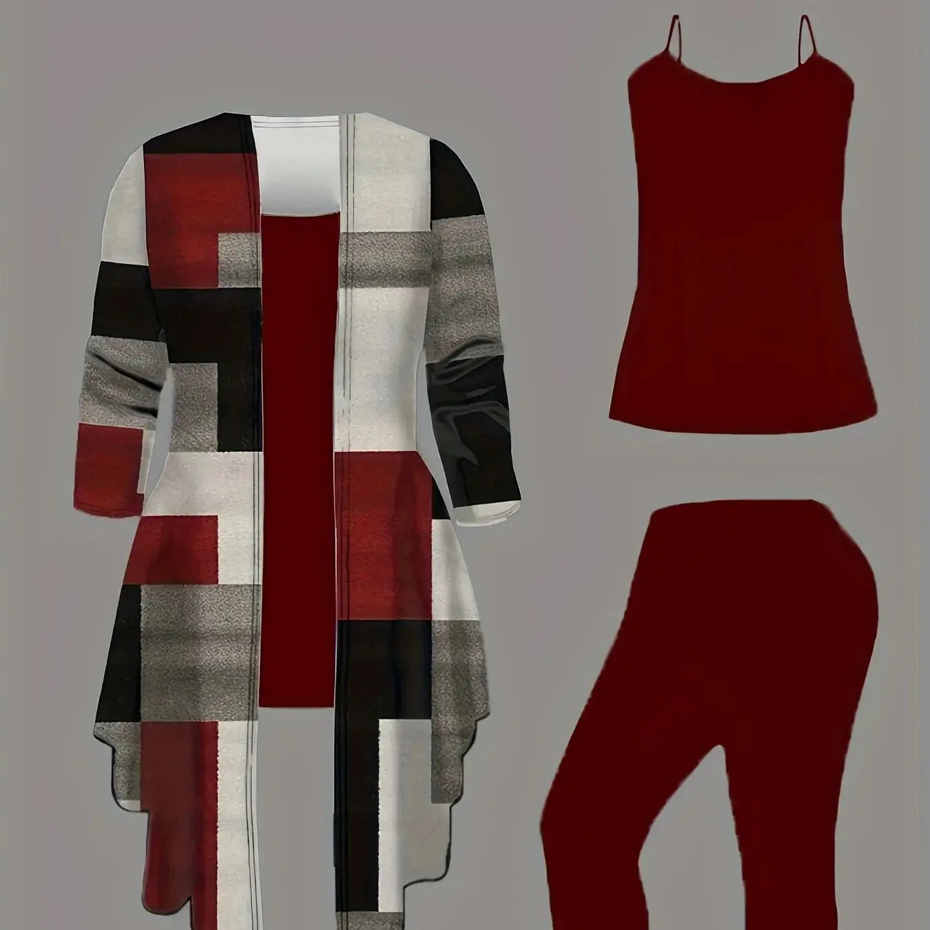 Plus-size women's 3-piece set: color-blocked printed cardigan jacket paired with trousers and vest for a casual everyday look.
