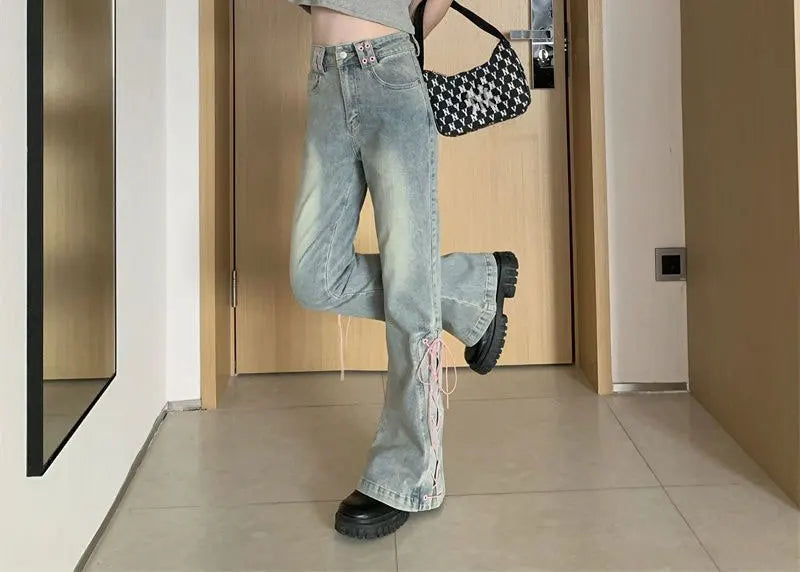 Y2k Pink Fashionable Lace-up Flared Jeans Autumn New High Waist Bootcut Denim Pants Female Clothing Korean Slim Vintage Trousers