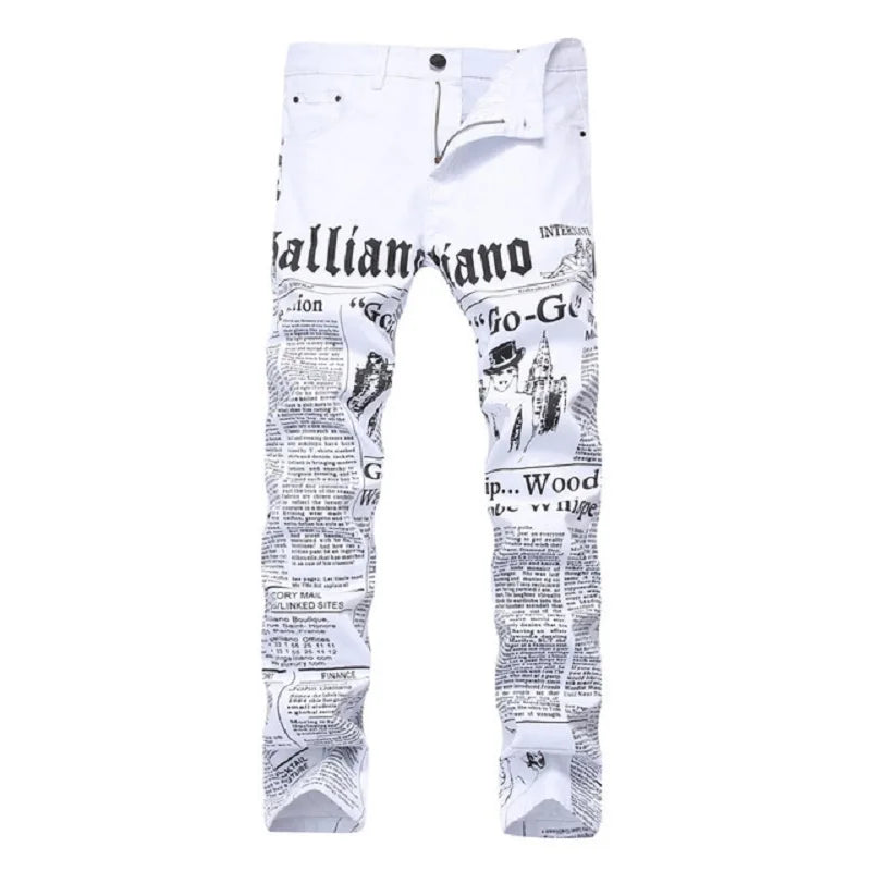 New Men Jeans Slim Fit Biker White Jeans Trousers Skinny Jeans Punk Letter Printing Denim Pants Plus Size 42 Dropshipping