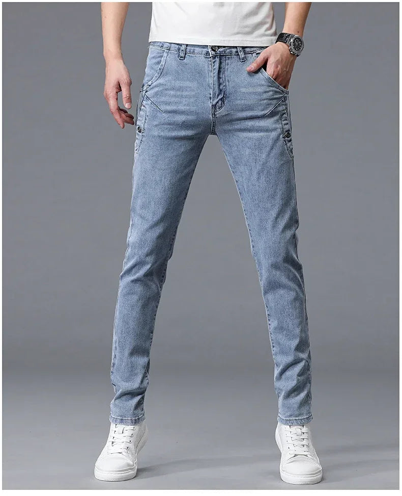 2024 New Men's Skinny Jeans Blue Gray Cotton Elasticity Straight Pencil Foot Slim Fit Fashionable Casual Denim Long Pants Male