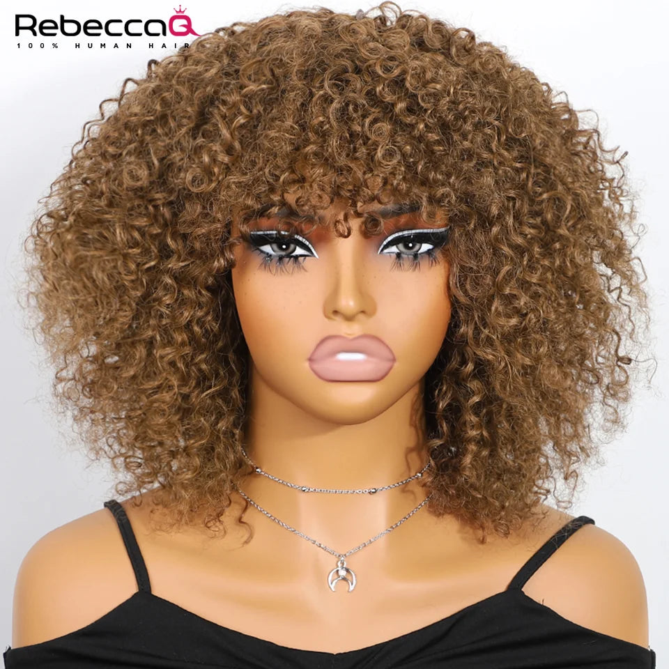 Short Curly Bob Human Hair Wigs with Bangs Afro Kinky Curly Easy Wig Glueless Wig Remy Peruvian Brown Color Curly Human Hair Wig