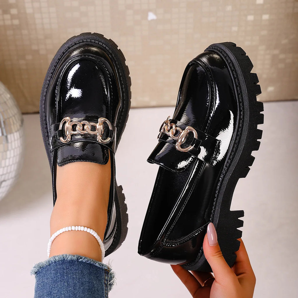 British Style Large Size Women's Shoes round Toe Thick Heel Slip-On Loafers Casual Comfortable Footwear for Daily Wear