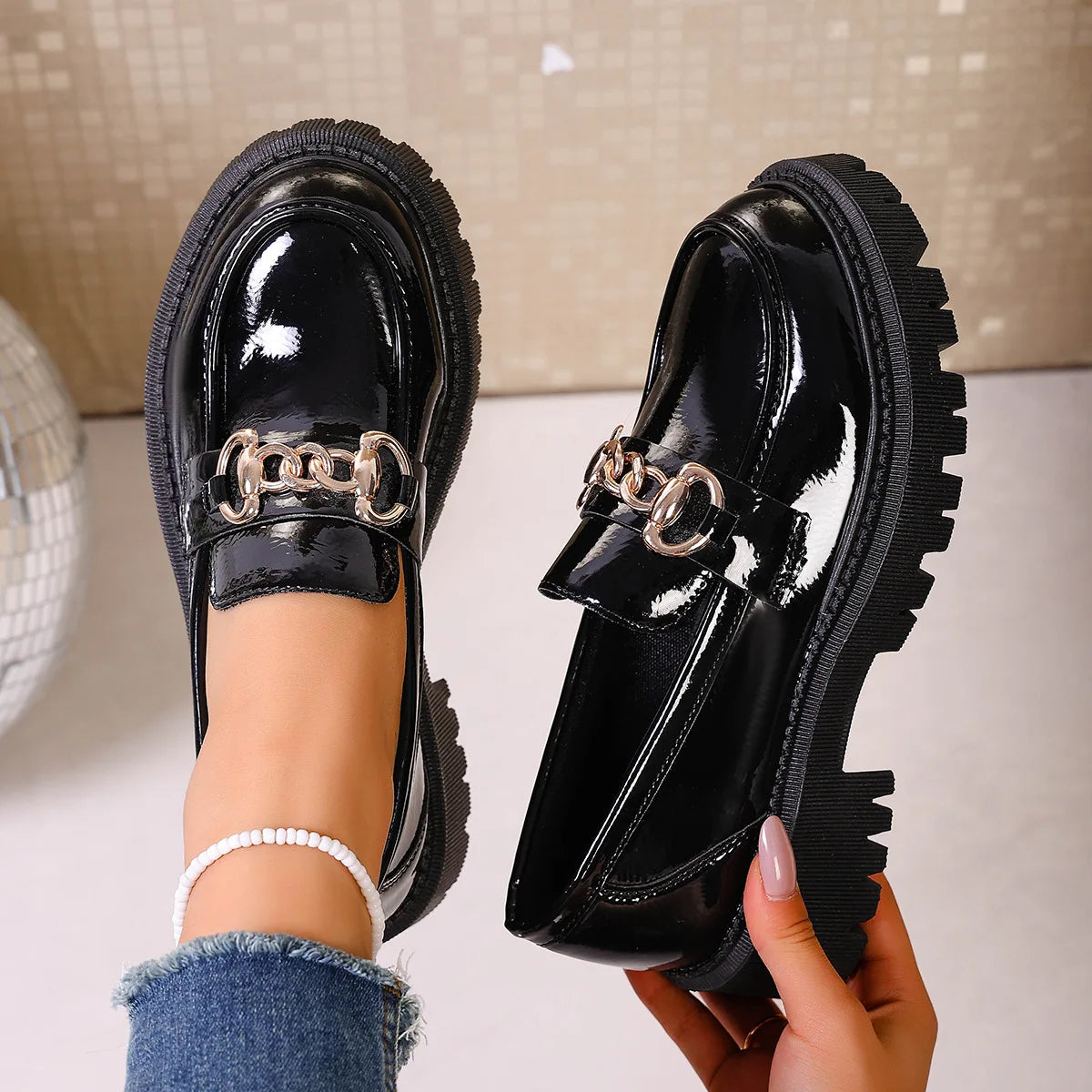 British Style Large Size Women's Shoes round Toe Thick Heel Slip-On Loafers Casual Comfortable Footwear for Daily Wear