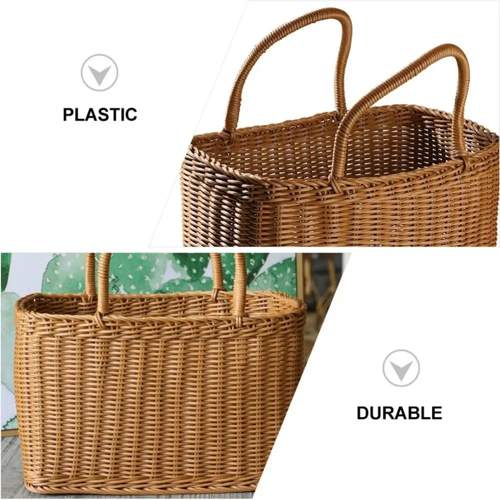 Home Storage Organizer Rattan Woven Basket With Handle Rectangular Picnic Basket Handwoven Portable Flower Basket Fruit