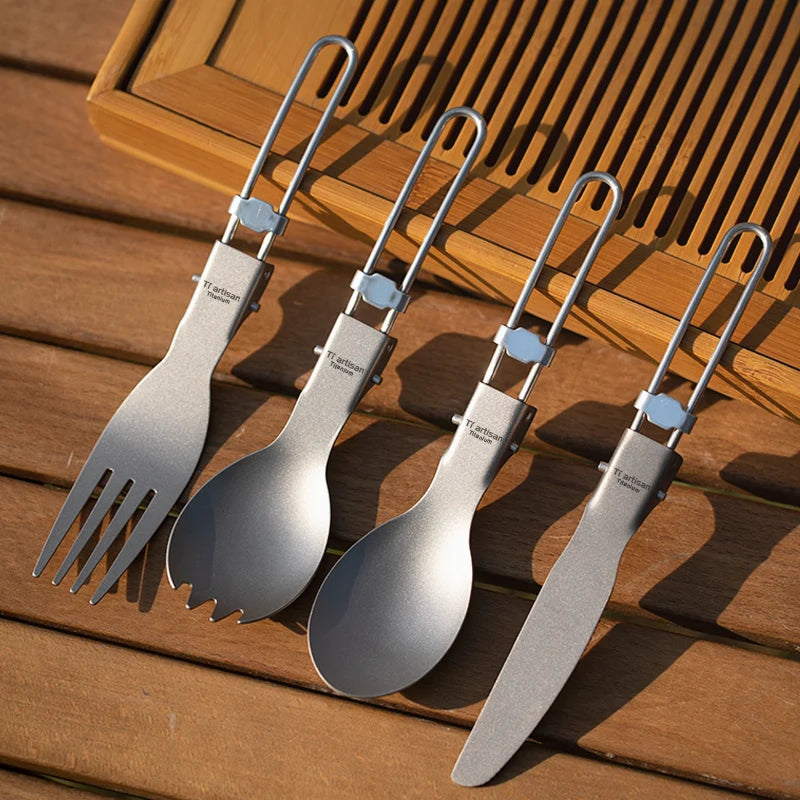 Tiartisan Titanium Foldable Cutlery Portable Outdoor Camping Tableware Hiking Folding Fork Spoon Knife