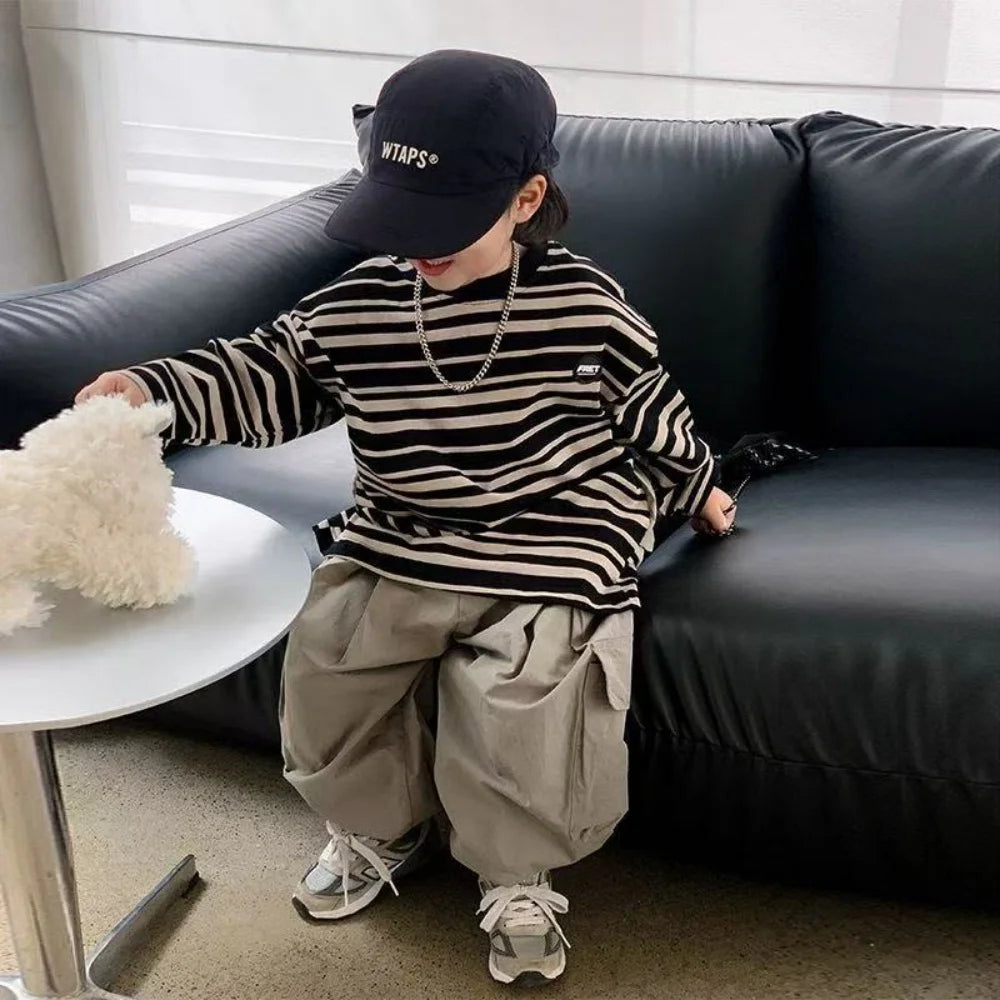 Boys Sets Sweatshirt Pants Two-piece Suits Children's Clothes Spring Autum Korean Fashion Round Neck Pullover Cargo Pants Suits