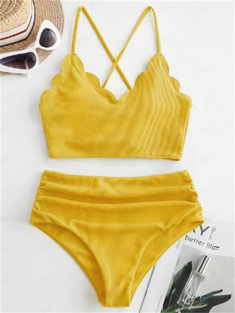 Bikini Women Swimsuit 2026 New Solid Ribbed Sling Bikinis Set Sexy High Waist Swimwear Summer 2 Piece Beach Bathing Suit Female