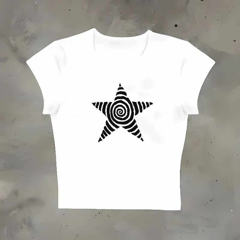 Y2k Crop Top Emo Girl Aesthetic Gothic Punk Streetwear Women Casual 90s Retro Grunge Star Pattern Printed Short Sleeved T-shirt