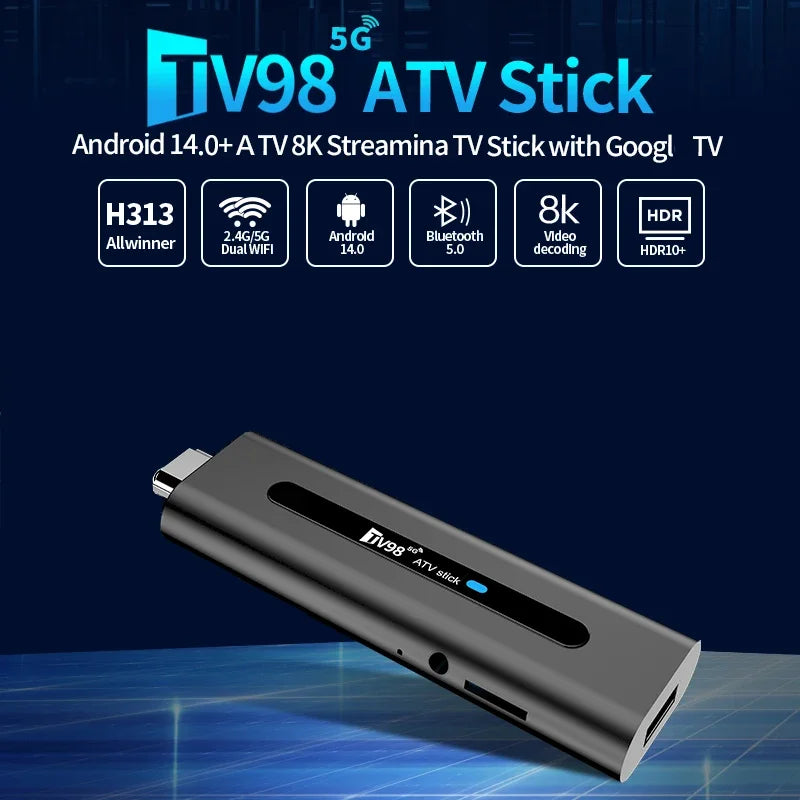 TV98 ATV Stick Smart Android 14 Quad Core Allwinner H313 Dual WiFi 5G 4G HD 8K 4K Media Player BT5.0 Voice remote streaming iptv