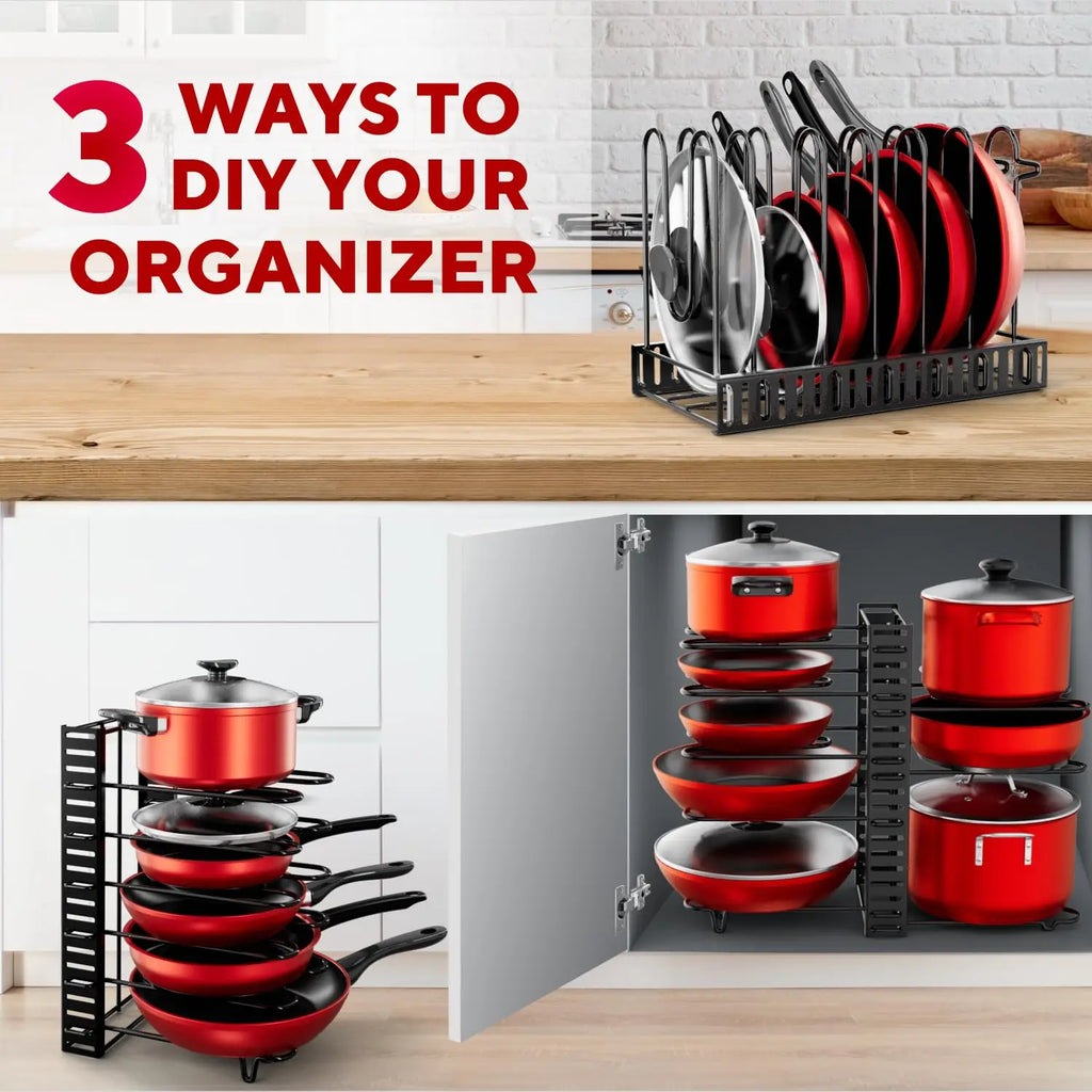Pot Rack Organizer, 8 Tier Pots and Pans Organizer for Kitchen Organization & Storage, Adjustable Pot Lid Holders & Pan Rack