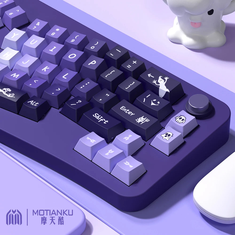 138/158 key with purple-black color scheme and anime-style keycaps, made of PBT material, with five-sided printing technology