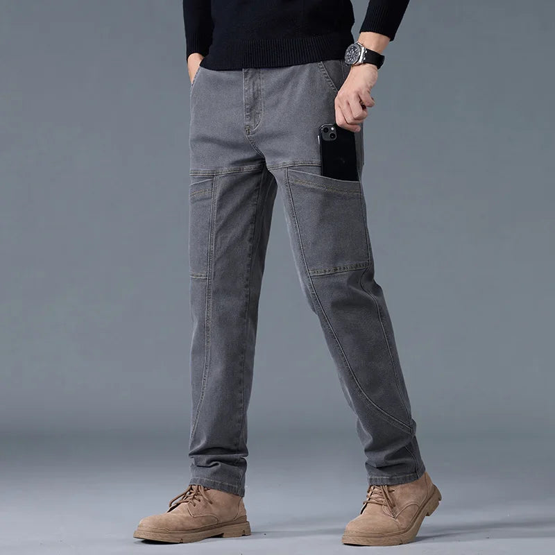 2025 New Style Jeans Men's Slim Fit Korean Style Comfortable Straight Leg Elastic Gray Mid Waist Pants Men's Casual Denim Pants