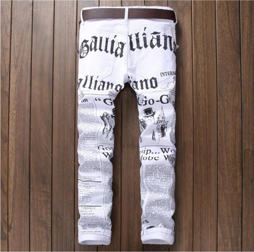 New Men Jeans Slim Fit Biker White Jeans Trousers Skinny Jeans Punk Letter Printing Denim Pants Plus Size 42 Dropshipping