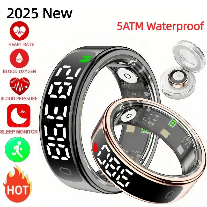 2025 Smart Ring Men Women LED Display Screen Heart Rate Blood Oxygen Monitor 5ATM Waterproof Multi Sports Mode Gifts For Andorid