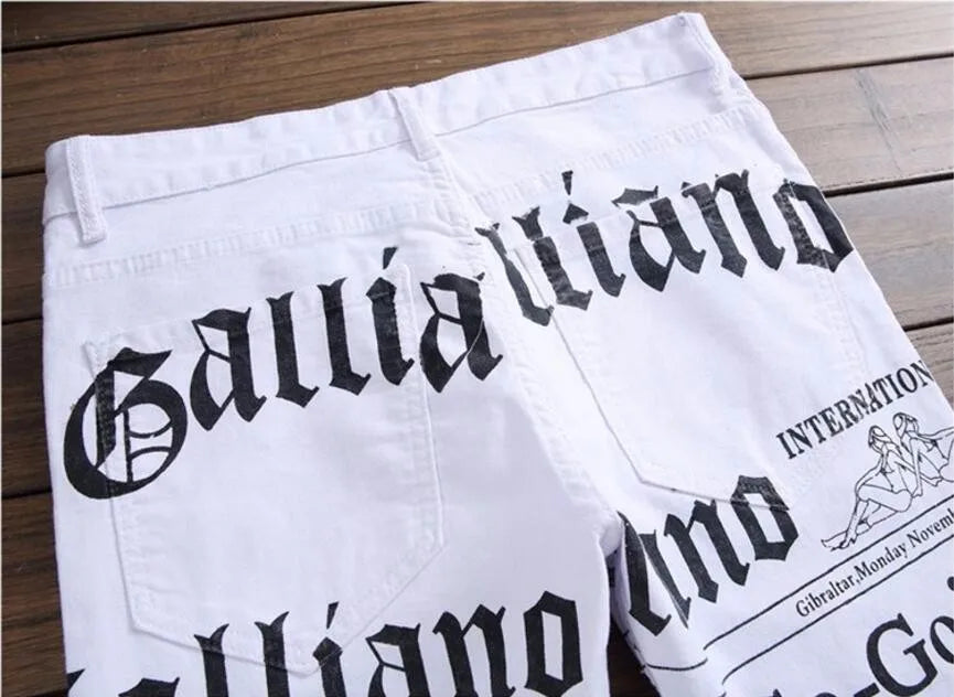 New Men Jeans Slim Fit Biker White Jeans Trousers Skinny Jeans Punk Letter Printing Denim Pants Plus Size 42 Dropshipping