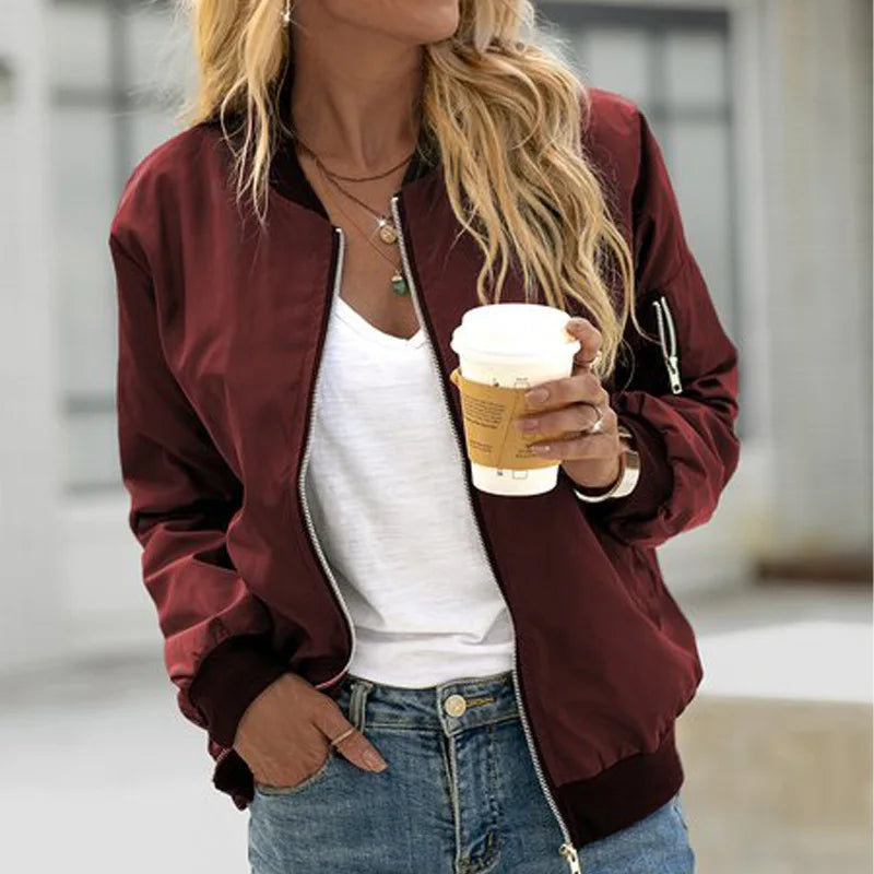 Women Bomber Casual Jacket 2025 Spring Autumn Solid Color Spring Coat Long Sleeve Stand Collar Zipper Basic Motorcycle Jackets
