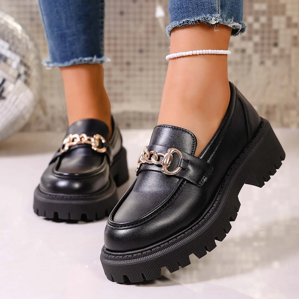 British Style Large Size Women's Shoes round Toe Thick Heel Slip-On Loafers Casual Comfortable Footwear for Daily Wear