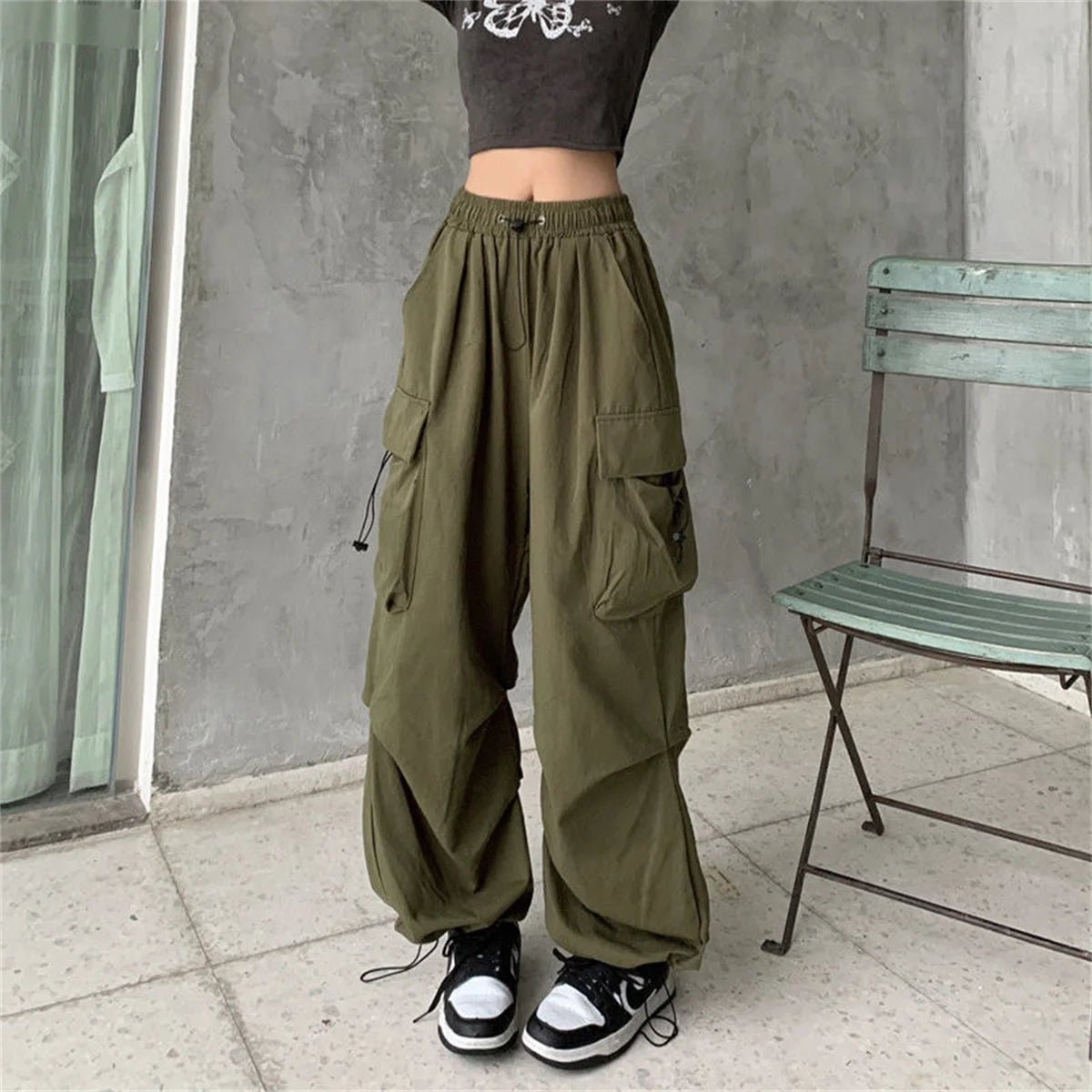 Red Big Pockets Cargo Pants Women High Waist Loose Streetwear Baggy Tactical Trouser Fashion Hip Hop Joggers Trousers Female