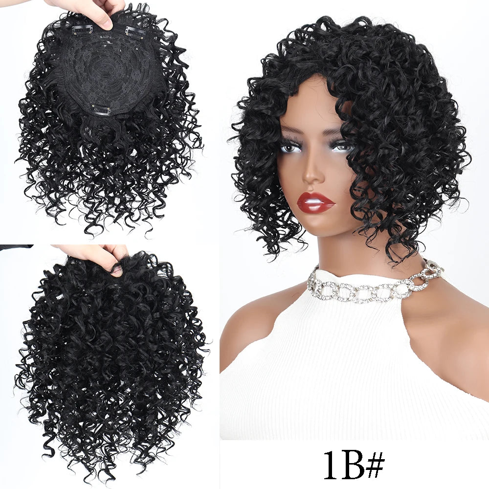 Synthetic Short Afro Curly Hair Toppers Brown Blonde Mixed Color Hair Toupee Hair Piece For Women and Men Increase Hair Volume