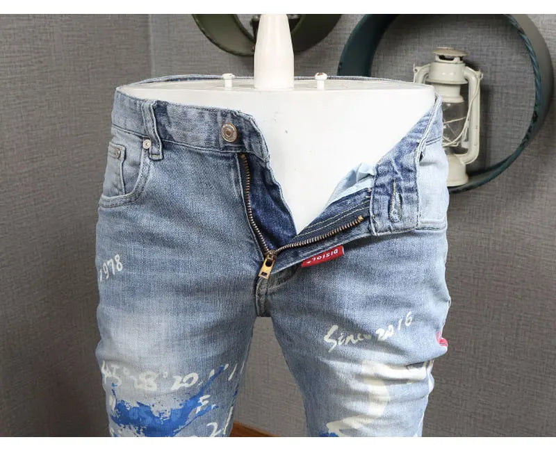 Designer Fashion New Men's Jeans Letter Printed Washed Nostalgic Stretch Slim Fit Retro Light Blue Jeans Hip Hop Brand High Qual