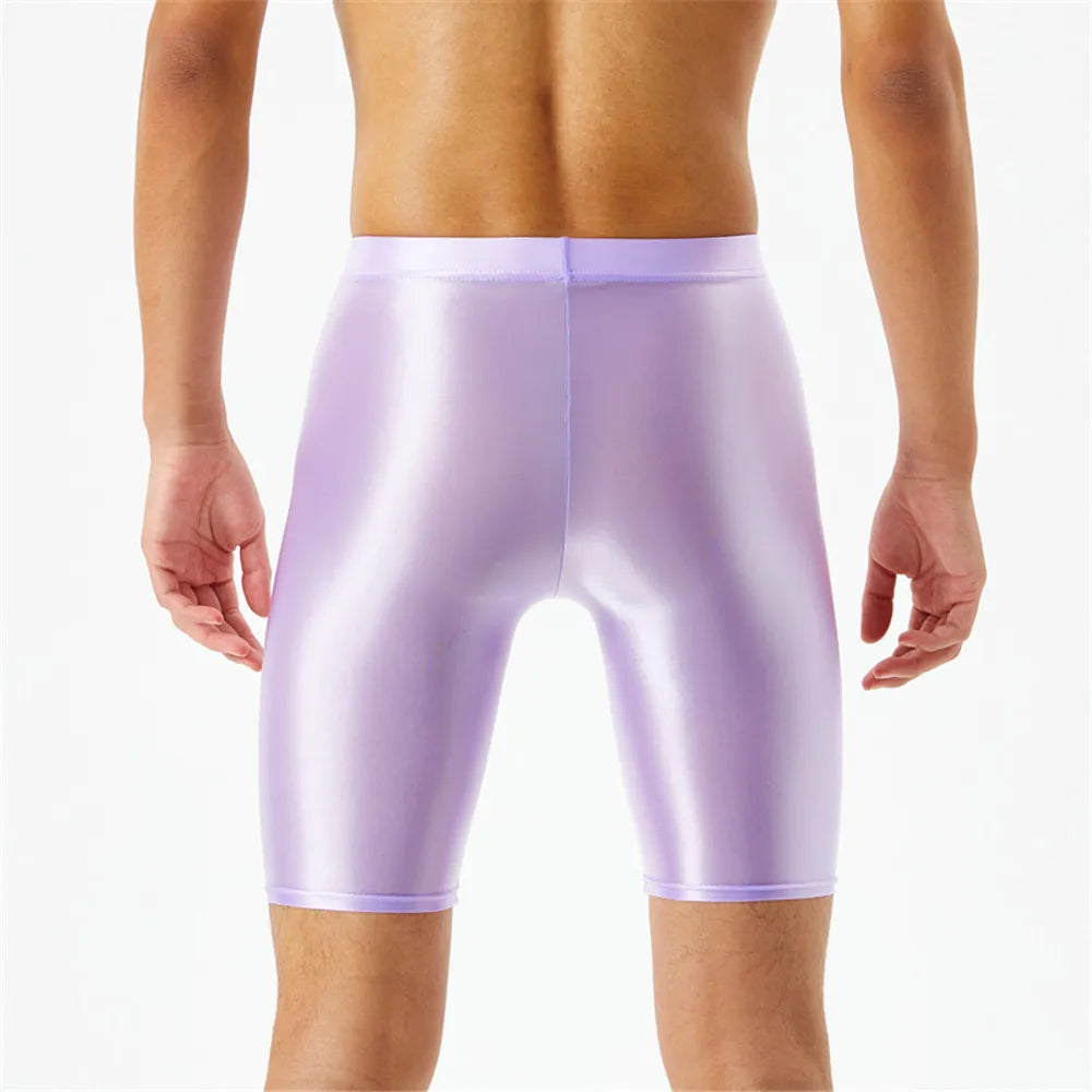 Men Oil Shiny Shorts gym Shapewear Ice Silk High Elastic Sexy Boxer Tight Shape U Pouch Sheath Man Shorts Smooth Candy Color