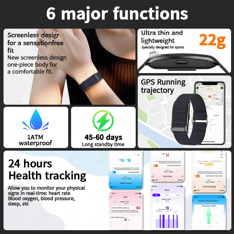 LIGE Smart Watch Men Health Fitness Tracker Screenless Smart Wristband Wearable Multiple Sports Modes 1ATM Waterproof Smartwatch