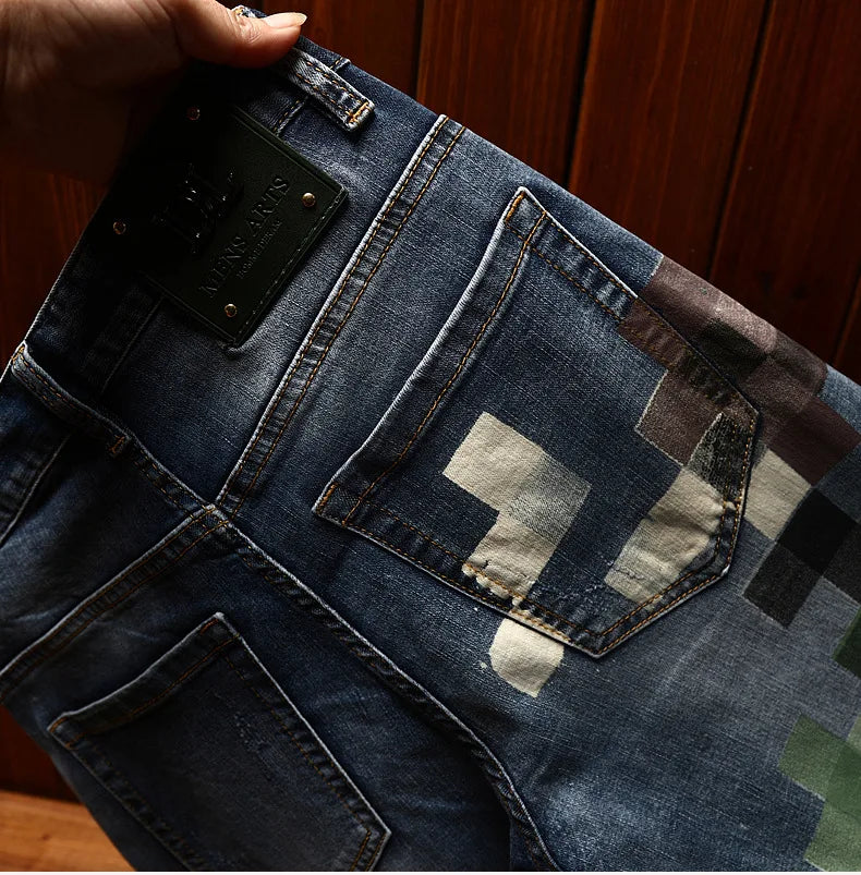 Trendy design mosaic printed jeans for men's fashionable summer thin casual and handsome elastic denim slim fit small leg pants