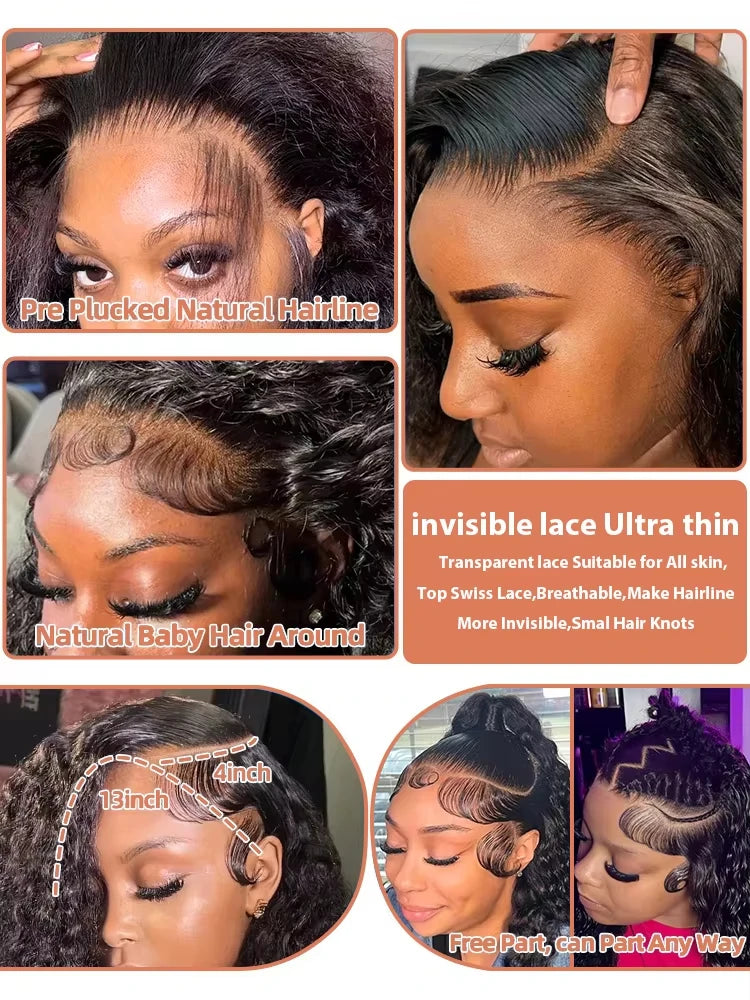 Deep Wave 13x6 HD Lace Front 100% Human Hair Wig 28 30 36 Inch Water Cury 13x4 Closure Transparent Lace Frontal Human Hair Wig