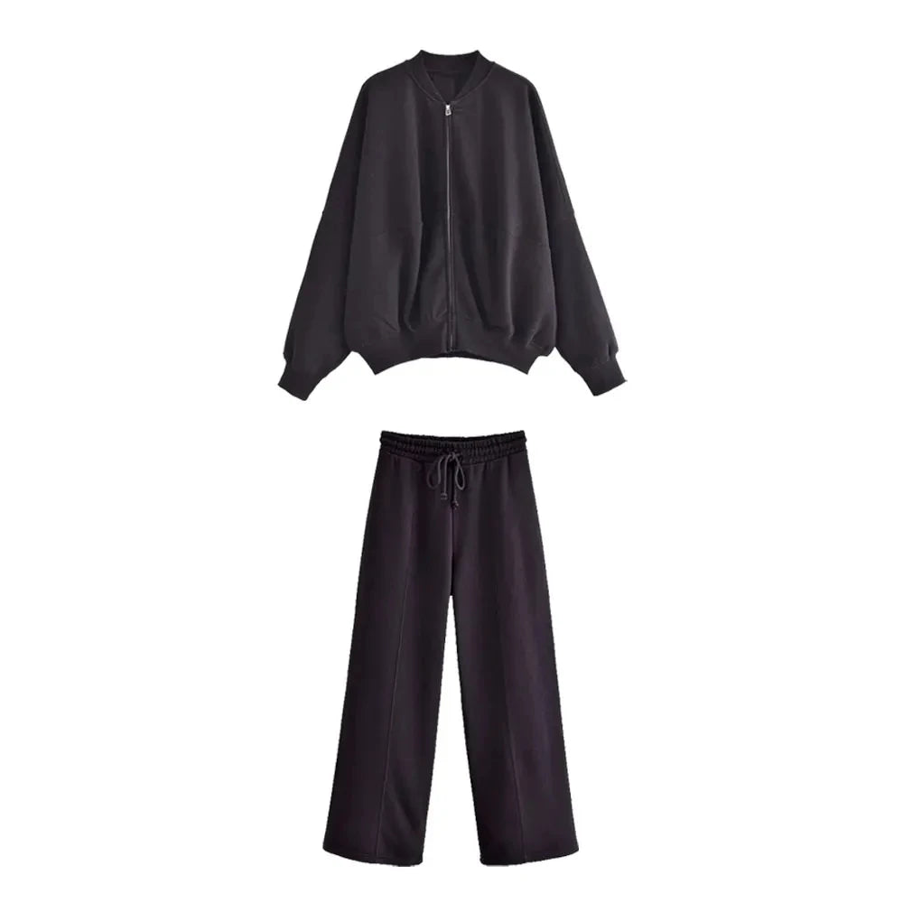 HH Bomber Jacket Pant Set For Women Casual Long Sleeve Zipper Coat Vintage Solid Sweatshirt Suit Autumn Woman Streetwear