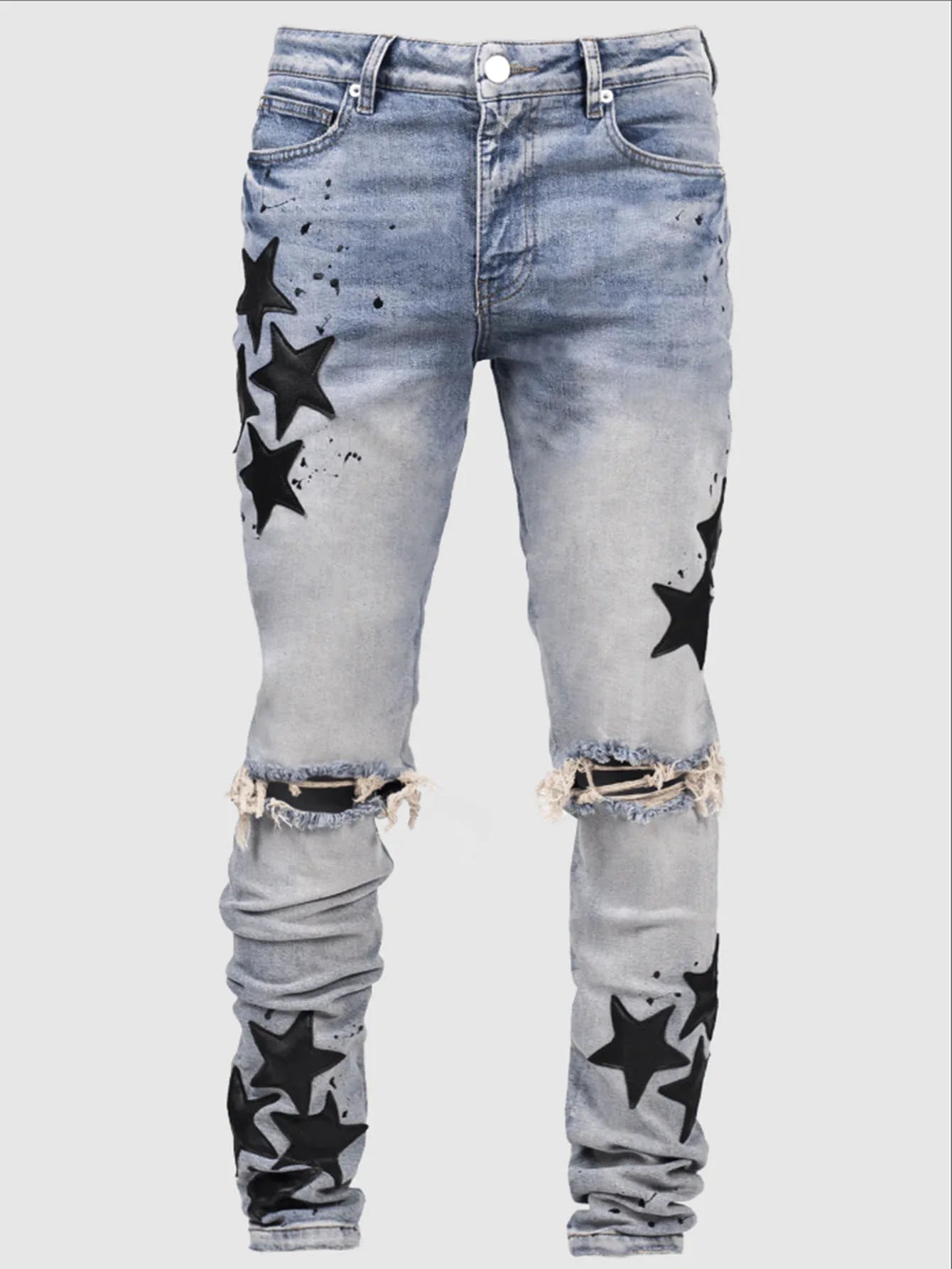 Ripped Men Jeans Denim Pant Star Mid Waist Slim Fit Vintage Wash Punk Style Skinny Pencil Pants Distressed Holes Ankle Length