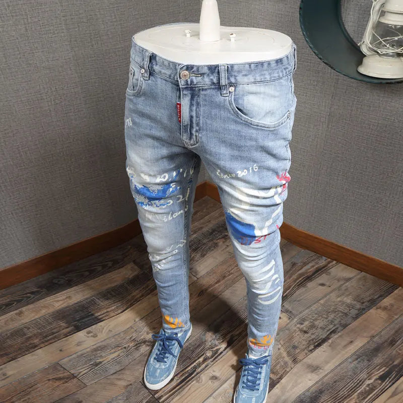 Designer Fashion New Men's Jeans Letter Printed Washed Nostalgic Stretch Slim Fit Retro Light Blue Jeans Hip Hop Brand High Qual