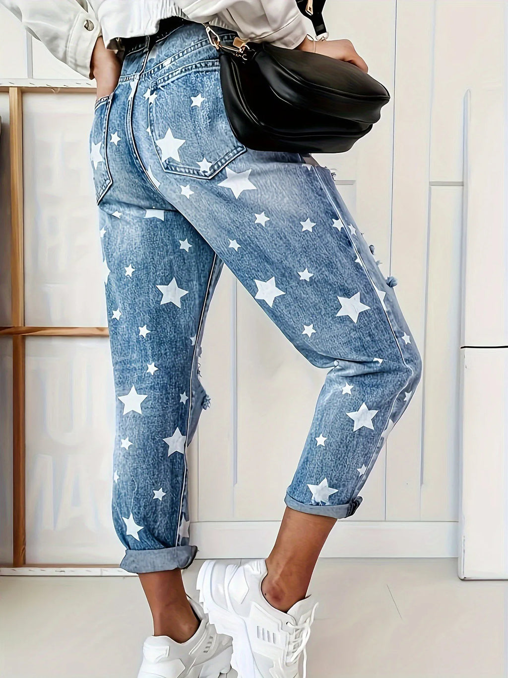 New Boyfriend Jeans Women's Slim Fit Ripped Jeans Fashion Women's Five-pointed Star Ripped Jeans Street Casual Blue Jeans 2025