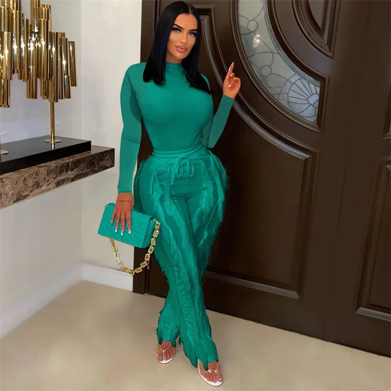 Elegant 2 Piece Sets Women Outfit 2025 Fall Winter Long Sleeve Bodysuit Top and Tassel Pants Matching Sets Ensembles Pantalons