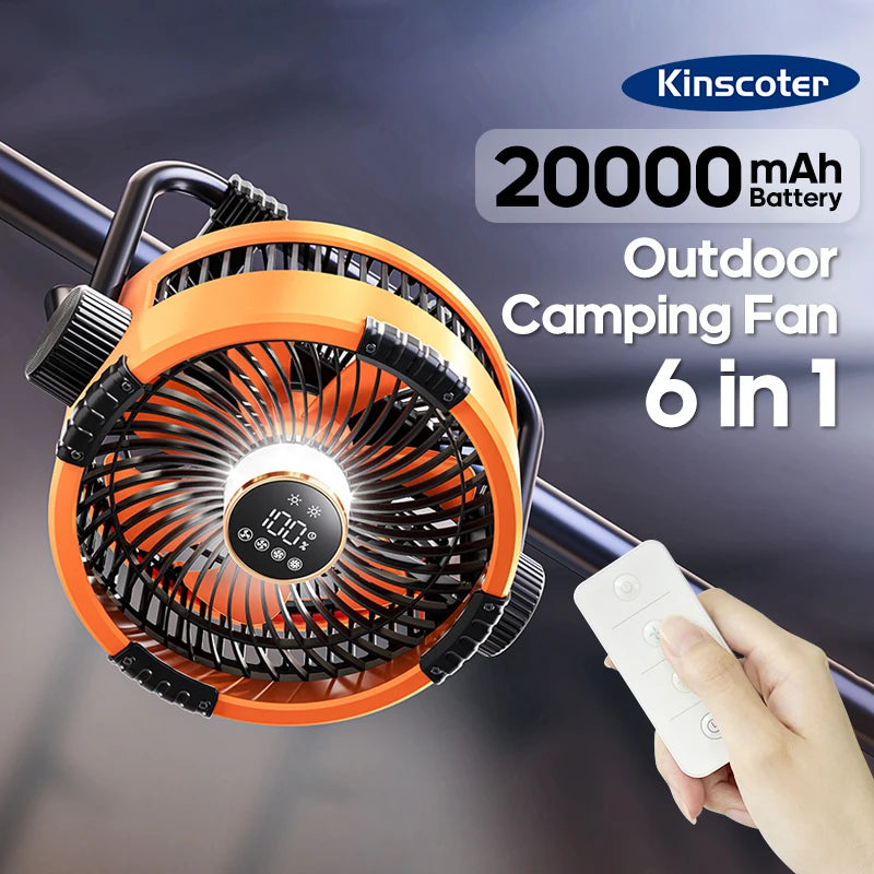 Camping Fan 20000mAh 6 in 1 Outdoor Ceiling Fan 4 Speed Adjustment Rechargeable Desktop Air Circulator LED Lighting Power Bank