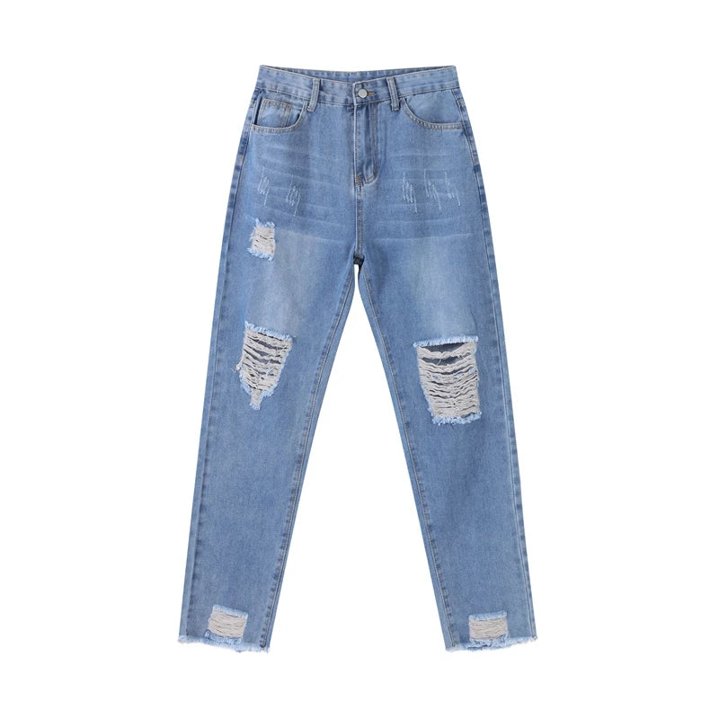 Casual Straight Jeans Women High Waisted Washed Skinny Ripped Slim Denim Pants 2025 Autumn Fashion Trend Commute Lady Trousers
