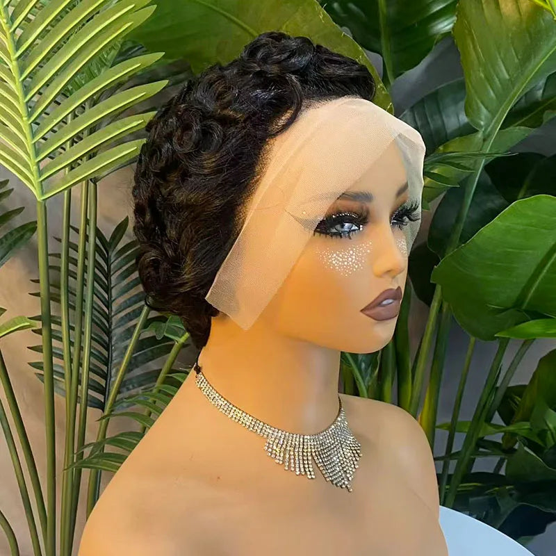 Short Wave Pixie Cut Wig Brazilian Virgin Human Hair Wave Wigs Glueless Easy Wear Curly Wigs Natural Black Color for Black Women