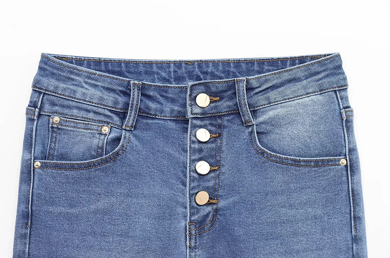 Women's Jeans Basic All-Match Slimming Denim Pants Fashion Metal Button High Waist Flared Pant High End Sense Casual Trousers