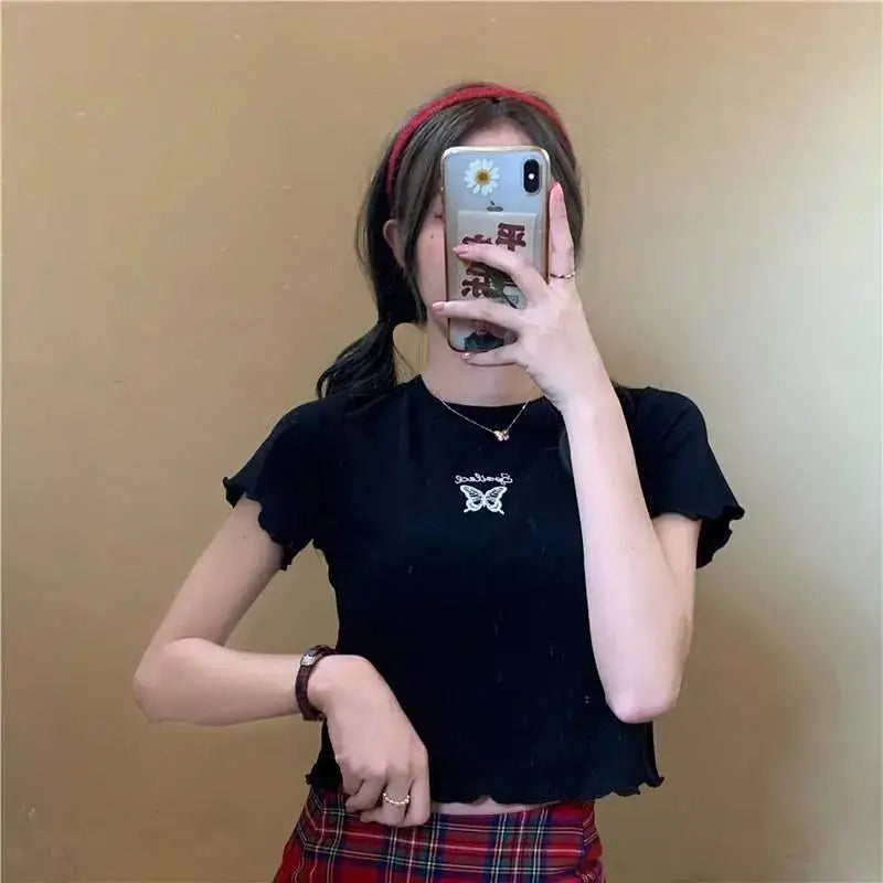 Y2K Crop Top T-shirt Women O-neck High Waist Slim Crop Top Butterfly Embroidered Short-Sleeved Tee Shirt T-shirts  Woman Clothes