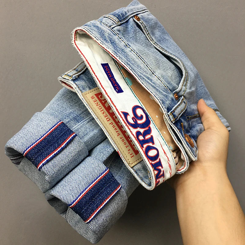Summer Thin 11oz Red Selvedge Denim Jeans for Men 94% Cotton Micro Stretch Slim Fit Straight Light Pants 24ss Y2k Youth Male 5KM
