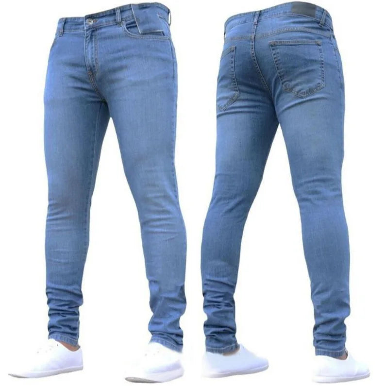 European and American New Style Tight and Personalized Popular Jeans 2024 Fashion Men's Elastic Solid Color Slim-fit Pants