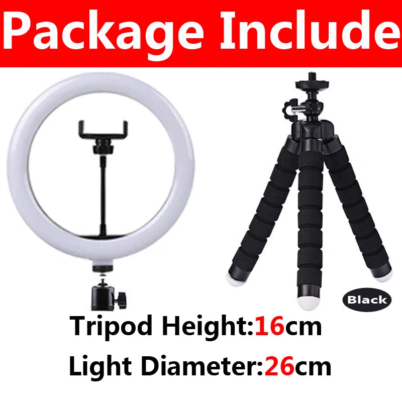 Video Light 26cm Selfie LED Ring Light Dimmable Round Ring Fill Lamp With Stand Tripods Rim Of Light For Tiktok Makeup Ringlight