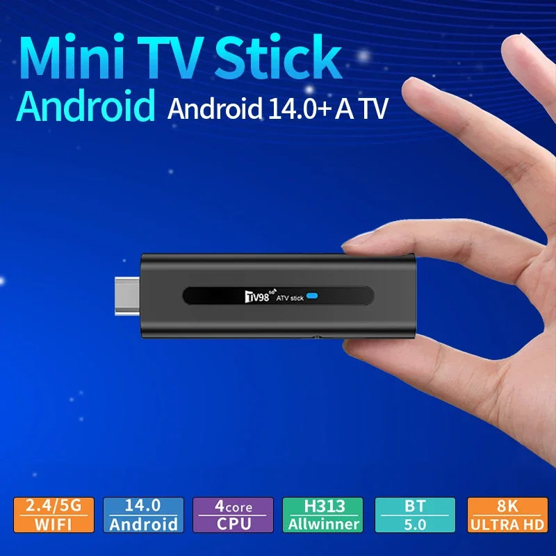 TV98 ATV Stick Smart Android 14 Quad Core Allwinner H313 Dual WiFi 5G 4G HD 8K 4K Media Player BT5.0 Voice remote streaming iptv
