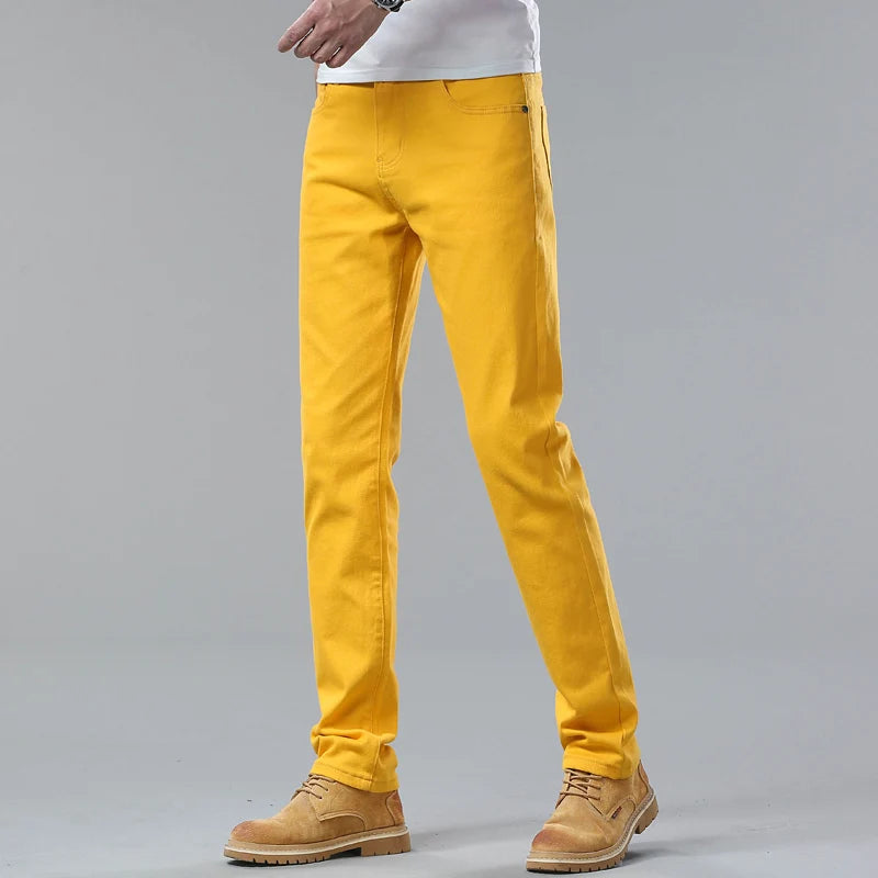 New Autumn Men's Yellow Pink Red Slim Jeans Classic Straight Elasticity Denim Pants Male Brand Stretch Skinny Colorful Trousers
