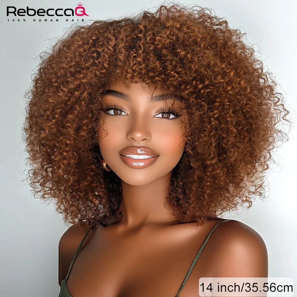 Short Curly Bob Human Hair Wigs with Bangs Afro Kinky Curly Easy Wig Glueless Wig Remy Peruvian Brown Color Curly Human Hair Wig