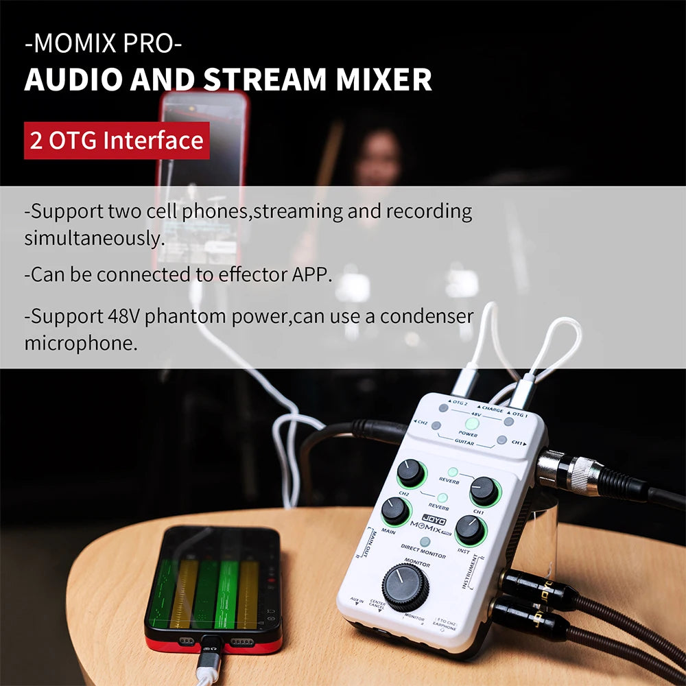 JOYO MOMIX PRO Audio Interface Sound Card Portable Audio Mixer Support 48V Phantom Power for Live Recording Studio Singing