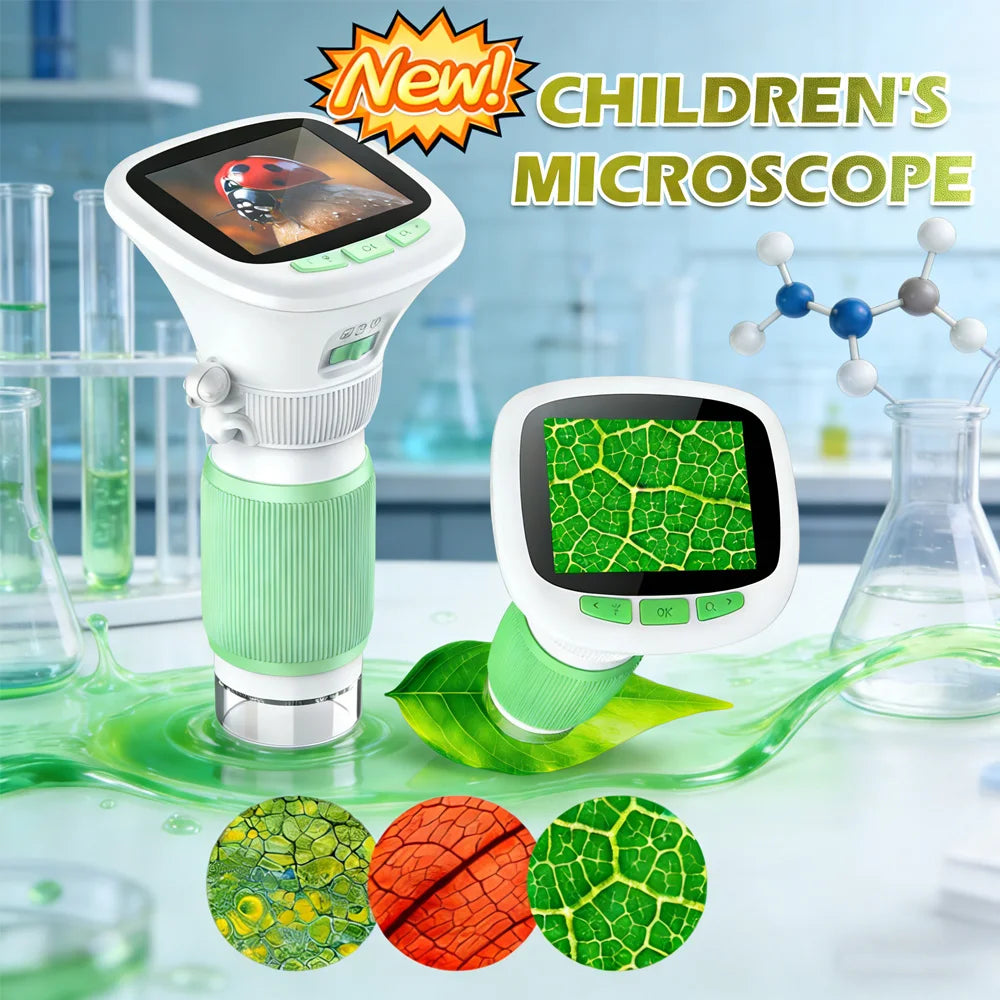Kids Handheld Microscope (Ages 6-12) | 2.4" IPS HD Screen, 200X/1000X Magnification, Photo/Video Recording
