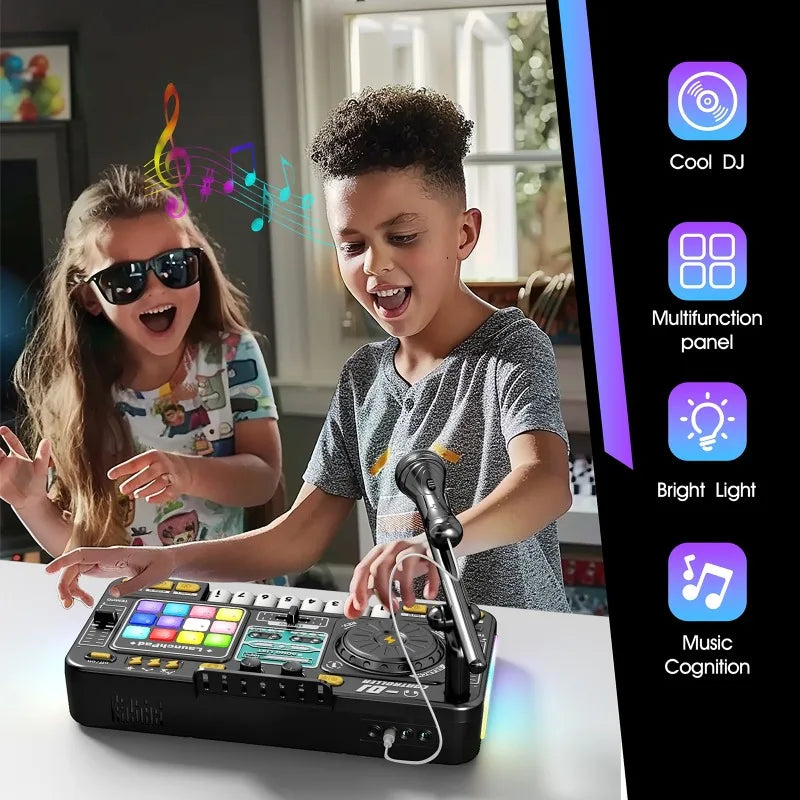 Kid DJ Mixer with Microphone Multifunctional Electronic Piano Keyboard Bluetooth DJ Turntable Controller Kid Musical Instrument