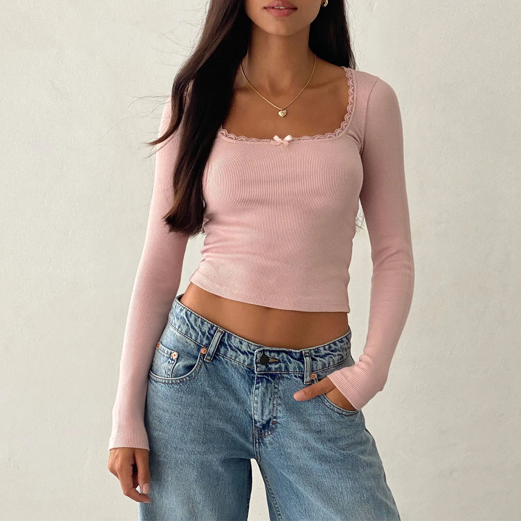 Women Y2k Crop Tops Autumn Spring Long Sleeve Square Neck Ribbed Slim Fitted T-Shirt Aesthetic Fairy Tees Tops Retro Streetwear