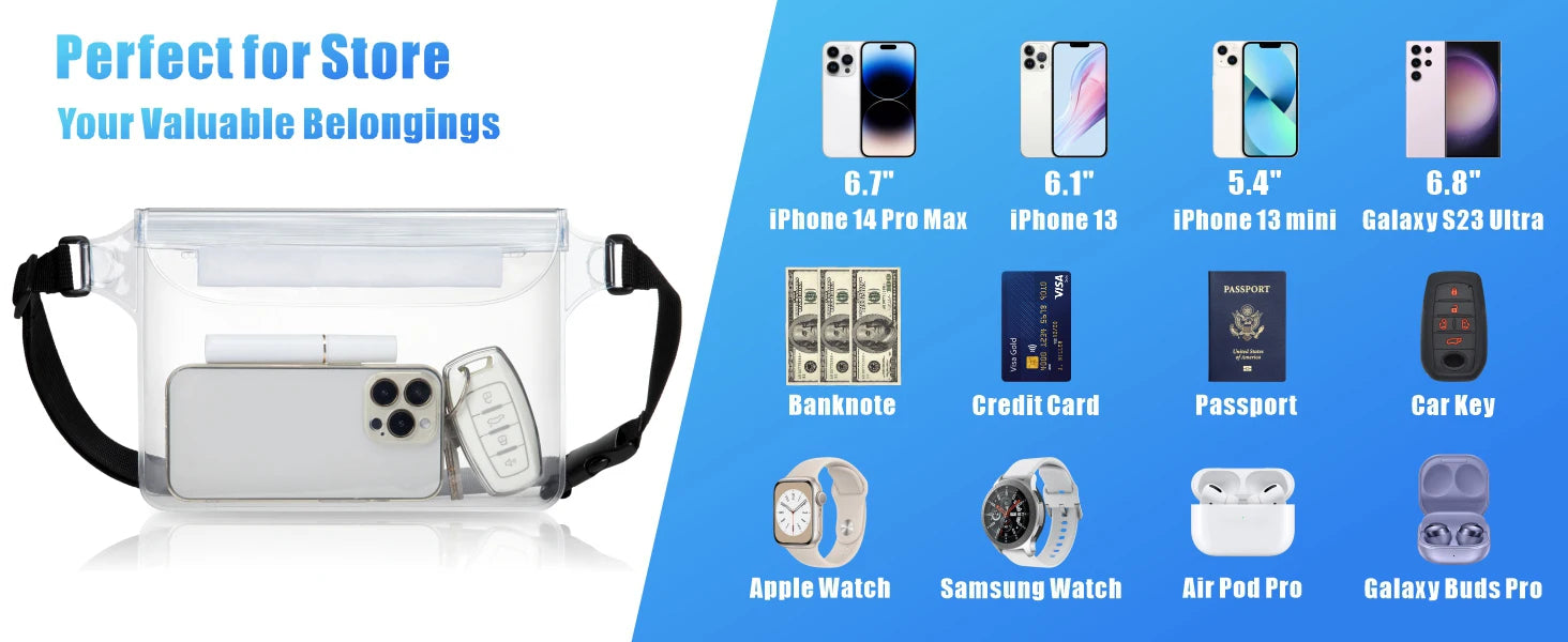 Waterproof Phone Pouch with Adjustable Waist Strap Dry Bag Keep Phone Valuables Safe for Beach Swimming Kayaking Boating Fishing