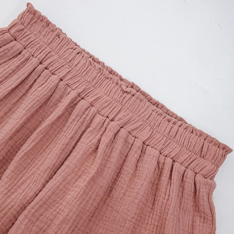 100% Cotton Gauze Muslin Sets For Women 2 Pieces Long Sleeve Shirts And Loose High Waist Mini Shorts Sets Ensemble Femme